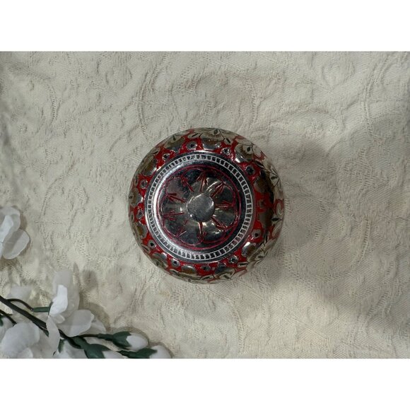 Silver Apple Shaped Decorative Trinket Box With Red Floral Pattern & Lid - Picture 2 of 10